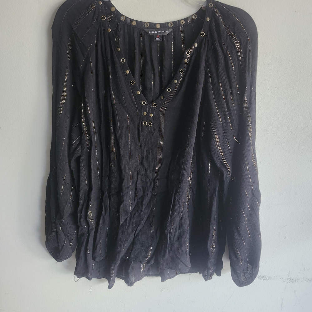 Rock & Republic Black Blouse with Gold Highlights